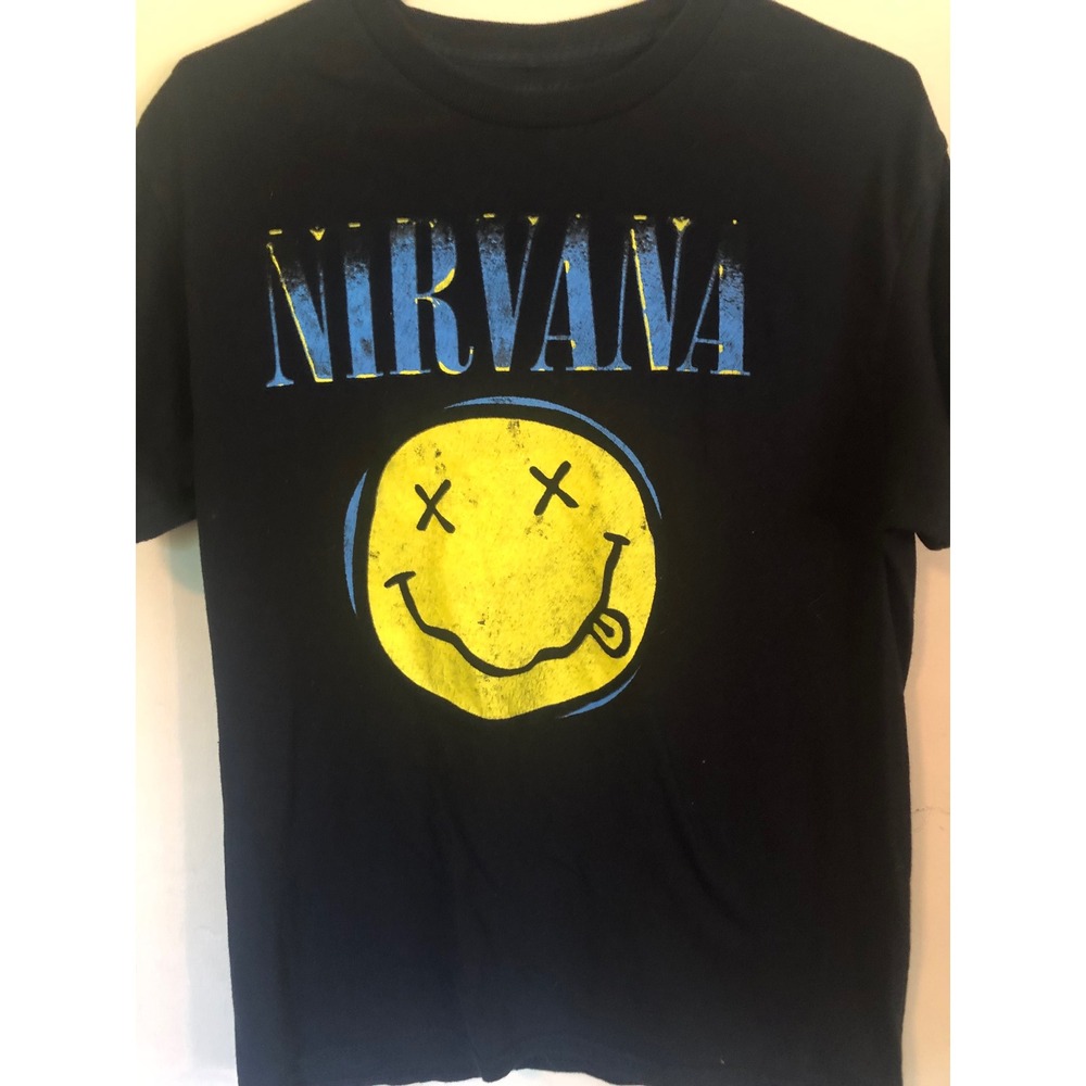 Nirvana Smiley Face Graphic T-Shirt Black Mens Size Medium Band Tee Short Sleeve
